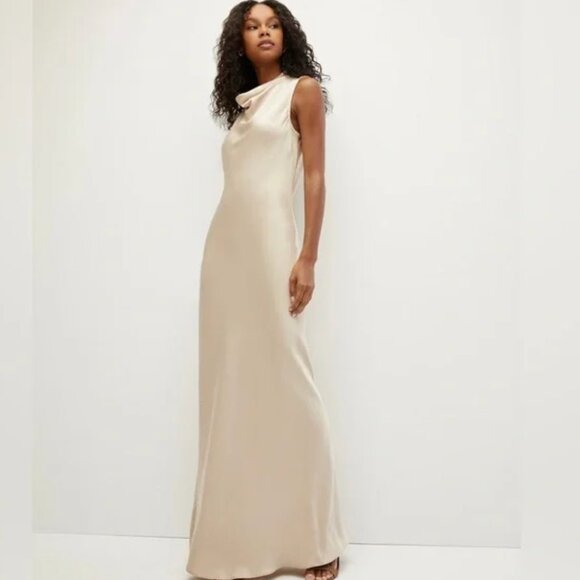 Veronica Beard Minimalist Kura Cowl Neck Satin Maxi Dress in Sand NWT Sz 0
